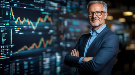 Fototapeta premium businessman standing confidently in front of large financial screen displaying stock market data, showcasing professionalism and expertise in finance