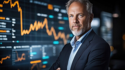 businessman standing confidently in front of large screen displaying financial data and graphs, showcasing professional atmosphere