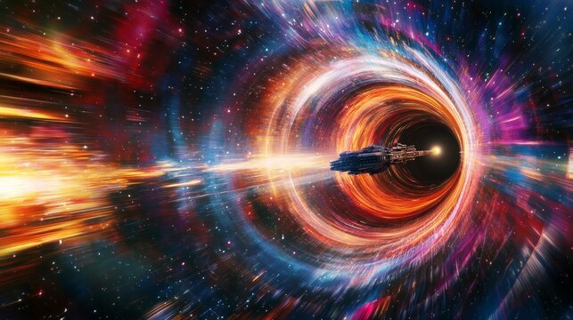 A spaceship traveling through a wormhole, with swirling colors and distorted space around it, symbolizing faster-than-light travel.