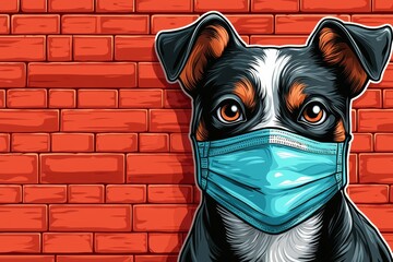 A dog is wearing a blue face mask