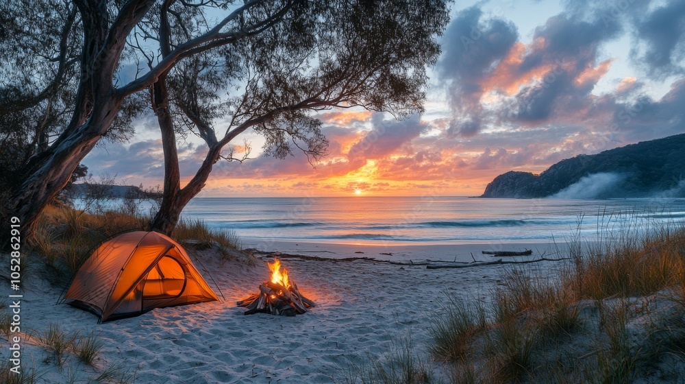 Poster A serene beach setting features a glowing campfire beside a tent, with waves gently lapping at the shore as the sun sets in vibrant colors.