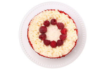 PNG, Whole red velvet cake on plate, isolated on white background, top view