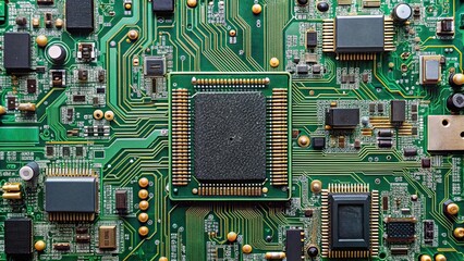 Fototapeta premium Top view of electronic circuit board with components , technology, electrical, hardware, motherboard