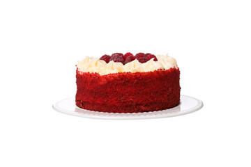 PNG, Whole red velvet cake on plate, isolated on white background