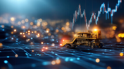 digital overlay of mining vehicle on network of data points symbolizes intersection of technology and mining. image conveys innovation and progress in mining industry