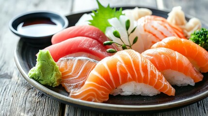 Traditional Japanese Sashimi plate under studio lighting, featuring fresh seafood arranged with soy sauce and wasabi on the side