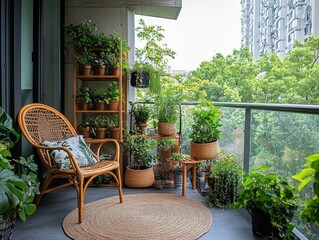 Balcony with large green plants, minimalist furniture, and wooden floors for a comfortable urban jungle feel