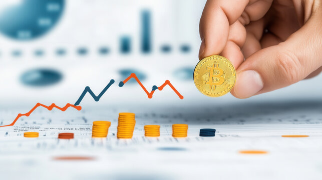 hand holding gold Bitcoin coin above fluctuating market graphs, symbolizing investment and cryptocurrency trends. image captures essence of financial growth and digital currency