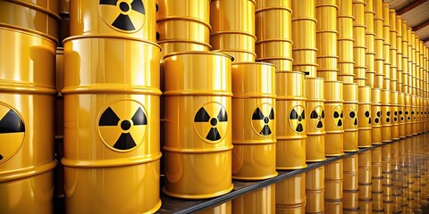 Dump of yellow and black barrels with nuclear radioactive waste, radiation, contamination, industrial, containers, toxic