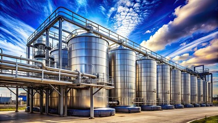 Fototapeta premium Industrial plant with large metal tanks and pipelines under a blue sky with clouds, industry, factory