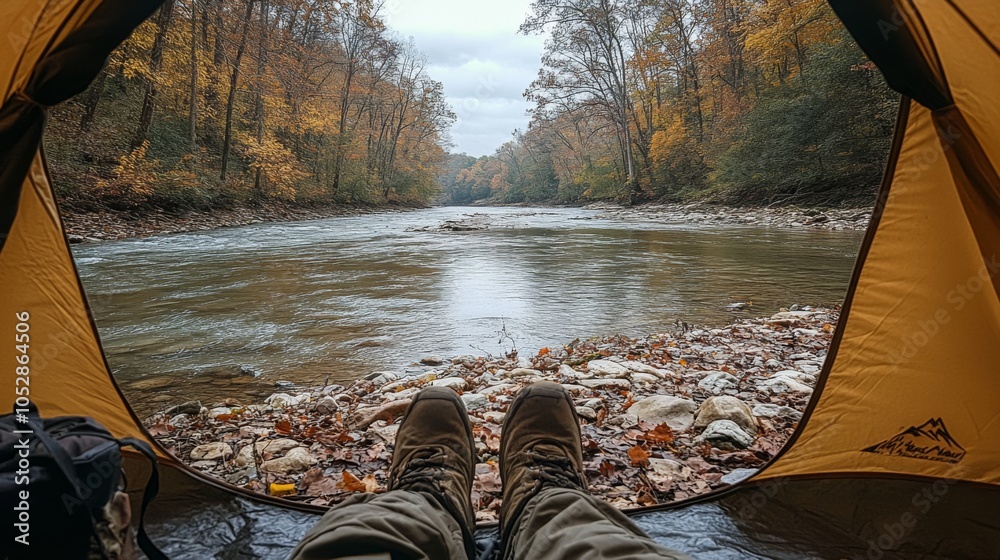 Poster a pair of feet in hiking boots rests outside a tent while overlooking a calm river surrounded by vib