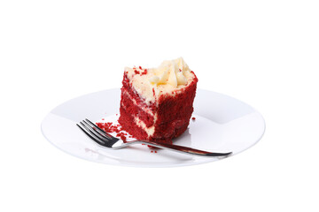PNG, Piece of red velvet cake on plate and fork, isolated on white background
