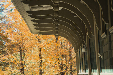 An old train stations arches on a fall day in New York
