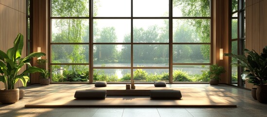 Fototapeta premium A minimalist zen room with large windows overlooking a tranquil garden with a pond.