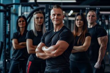 Photography of Slovenia fitness trainers, professional team of workers in gym background.	