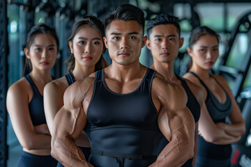 Photography of Thailand fitness trainers, professional team of workers in gym background.	