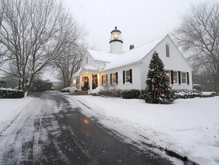 Snow-covered American lighthouse with a Christmas tree at the entrance