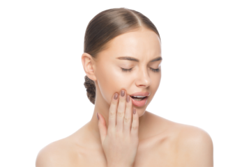 Young woman suffering from toothache, pressing hand to jaw trying to overcome tooth pain