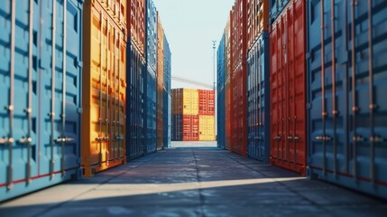 Fototapeta premium Logistics storage background showing Cargo shipping containers in , AI generated image