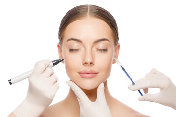Young woman ready for beauty procedures with closed eyes. Doctors hold skin marker and injection syringe