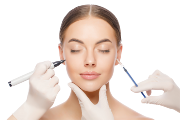 Young woman ready for beauty procedures with closed eyes. Doctors hold skin marker and injection syringe