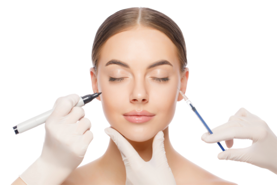 Young woman ready for beauty procedures with closed eyes. Doctors hold skin marker and injection syringe