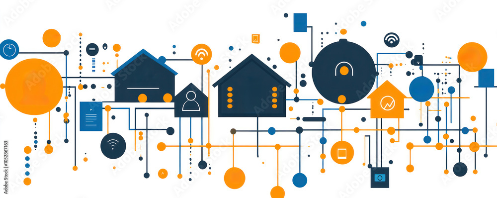 Poster a colorful image of houses and other objects connected by wires. concept of interconnectedness and t