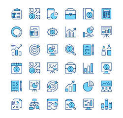 Financial analysis icons. Outline symbols. Vector blue line icons set