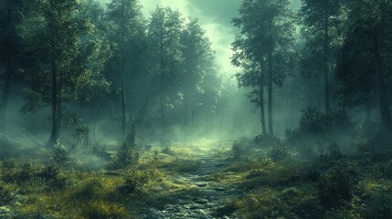 Fototapeta premium Misty forest landscape with ethereal lighting and lush vegetation.