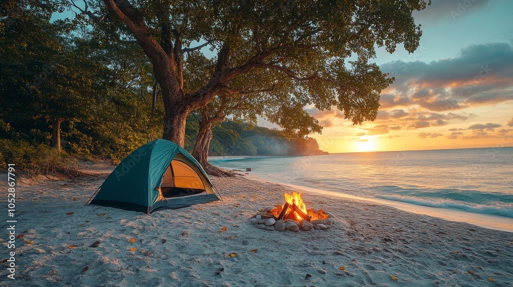 Poster a tent is set up beside a glowing campfire on the sandy beach as the sun sets over the calm ocean, c