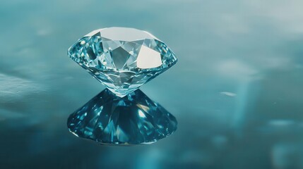 Clear diamond on reflective surface, isolated with cool tones pristine beauty
