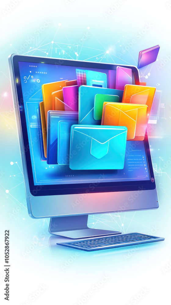Poster a computer monitor with a colorful display of emails and other documents. concept of productivity an