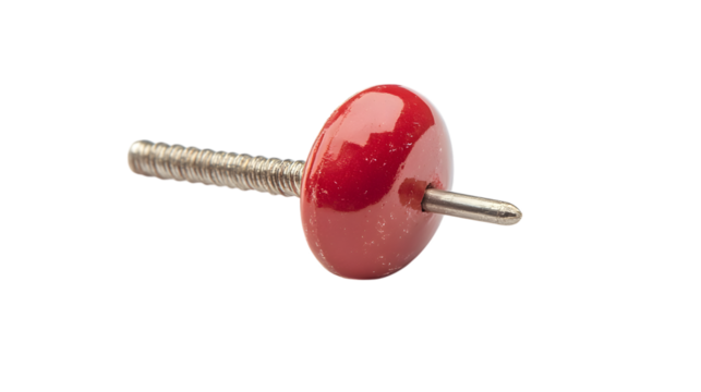 Red push pin isolated on white background