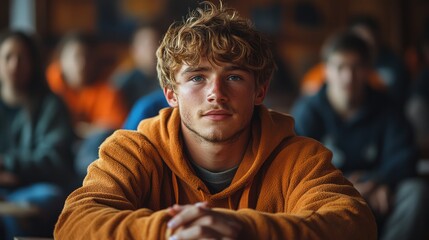 A Young Man with Curly Hair in a Classroom Setting