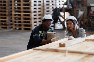 Team engineer manager wooden factory wearing safety uniform and hard hat working using tablet...