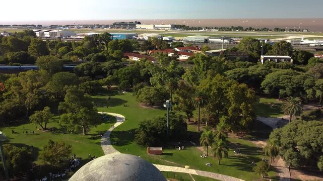 Aerial view of the Galileo Galilei Planetarium above Tres de Febrero Park, Buenos Aires