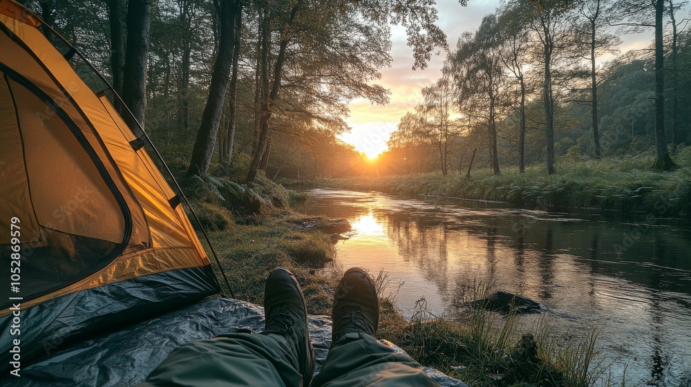 Poster a person enjoys a peaceful moment by a tranquil river, lying back in comfortable attire while watchi