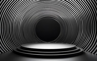 Obraz premium A visually striking black and white tunnel with concentric lines leading to a central dark circle and a circular platform.