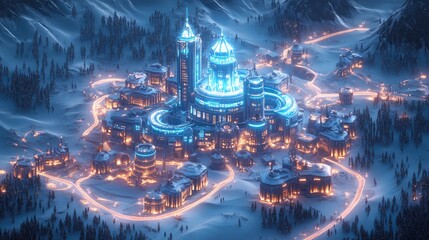 Obraz premium A futuristic city nestled in a snowy mountain valley, illuminated by glowing lights.