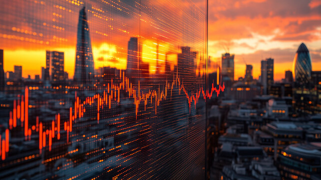 London Skyline & Stock Market: The vibrant cityscape of London, illuminated by a dramatic sunset, with superimposed stock market charts capturing the pulse of global finance.