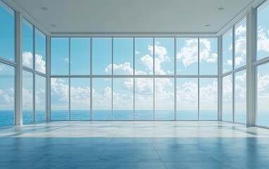 Fototapeta premium A bright, modern interior space featuring large windows that showcase a stunning ocean view under a clear blue sky.
