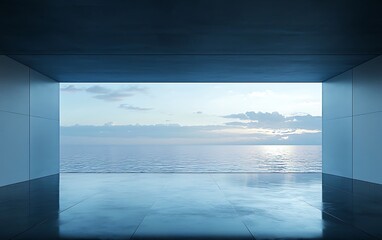 A serene view of the ocean framed by minimalist architecture, capturing the tranquil beauty of nature at dusk.