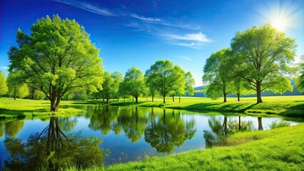 Serene landscape with lush trees and clear blue sky, nature, scenic, outdoors, green, forest, plants, peaceful, tranquil