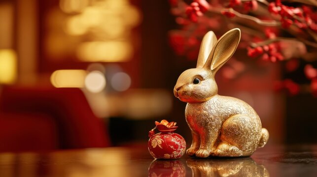 Chinese zodiac theme, Year of the Rabbit symbol prominently displayed, red and gold decor, focus on luck and prosperity, ideal for stock photography,