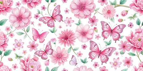 Pink flowers and butterflies seamless pattern