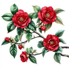 
Red camellia flowers, with green leaves on the branches, hand-drawn illustration style, white background