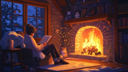 Cozy reading scene, person sitting by a fireplace, holding a book, warm lighting, cup of coffee on a side table, promoting comfort and warmth,
