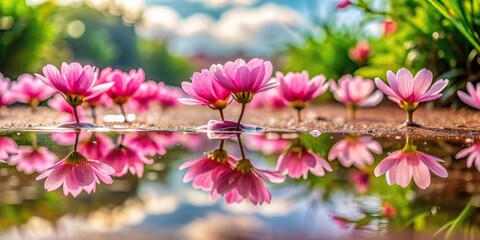 Obraz premium Pink flowers reflecting in water puddle enhancing natural landscape from worm's eye view