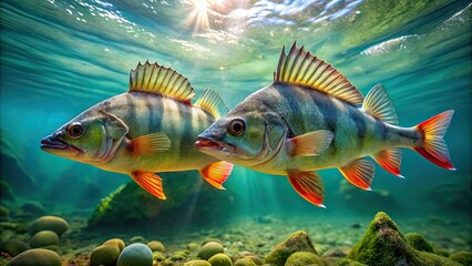 Two European perch swimming in clear water, European perch, fish, underwater, clear water, aquatic, marine life