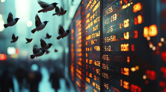A flock of sparrows flying past a stock ticker, symbolizing market movement - Powered by Adobe